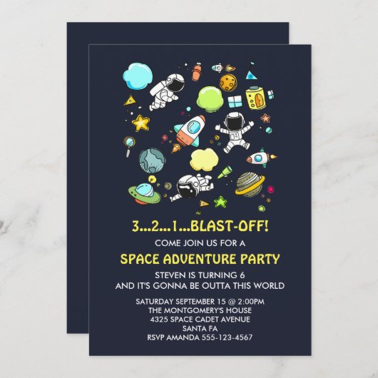 宇宙飛行士とロケット船の誕生日 招待状 (正面/裏面)