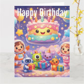 宇宙飛行士と可愛い宇宙の誕生日パーティー カード (黄色い花)
