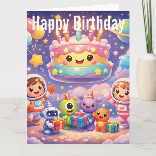 宇宙飛行士と可愛い宇宙の誕生日パーティー カード (正面)