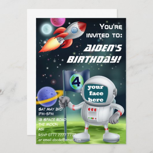 宇宙飛行士と宇宙ロケットの誕生日招待状 招待状 (正面/裏面)