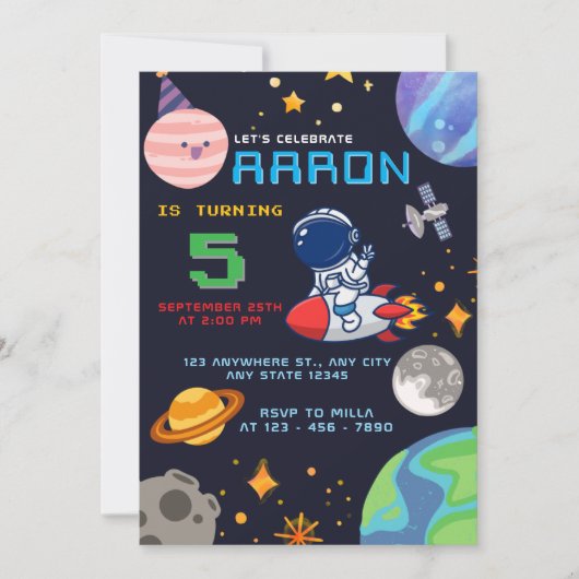 宇宙飛行士と惑星との宇宙誕生日 招待状 (正面)