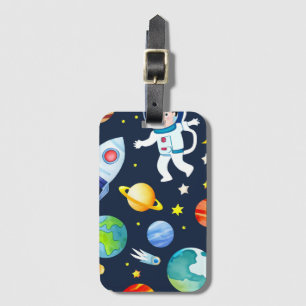 宇宙飛行士と惑星とロケットのパターン ラゲッジタグ