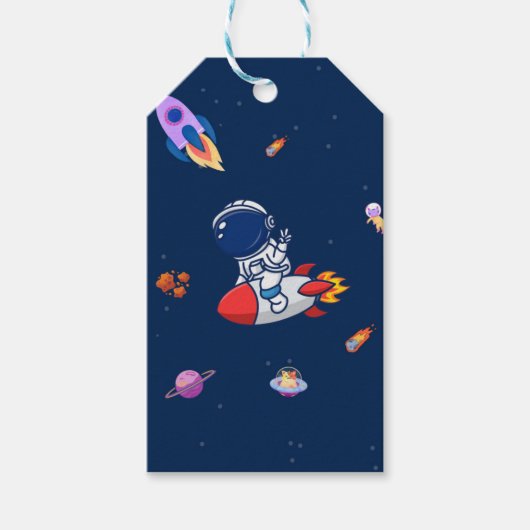 宇宙飛行士と惑星と星 水彩画 ギフトタグ (正面)