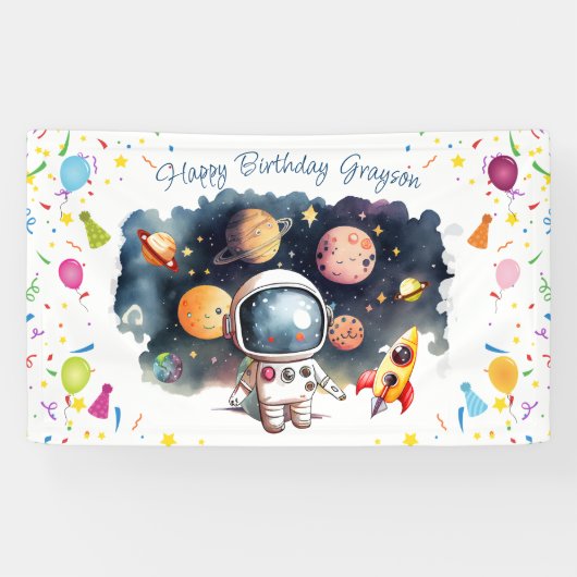 宇宙飛行士と惑星のハッピーバースデーバナー 横断幕 (横)