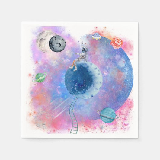 宇宙飛行士と惑星の誕生日パーティーテーマ スタンダードカクテルナプキン (正面)