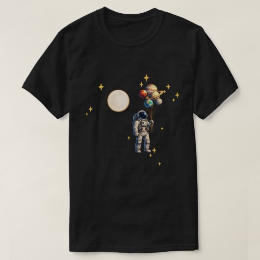 宇宙飛行士と惑星バルーン | 面白い宇宙デザイン Tシャツ (デザイン正面)