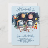 宇宙飛行士と惑星 双子の男の子1歳の誕生日 招待状 (正面)