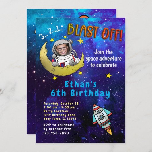 宇宙飛行士と月の写真の誕生日パーティーへの招待 招待状 (正面/裏面)