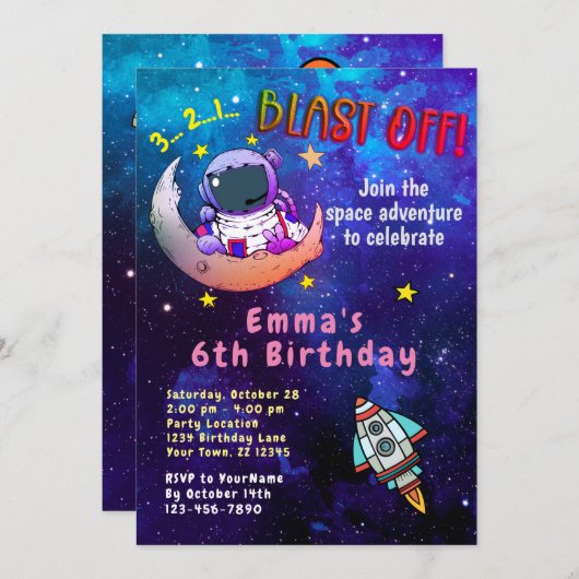 宇宙飛行士と月（女の子） 招待状 (正面/裏面)
