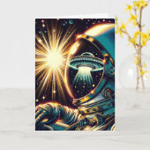 宇宙飛行士とUFOプン |誕生日 カード (黄色い花)