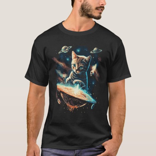 宇宙飛行士にゃんこ UFO 惑星 銀河 キティ Tシャツ (正面)