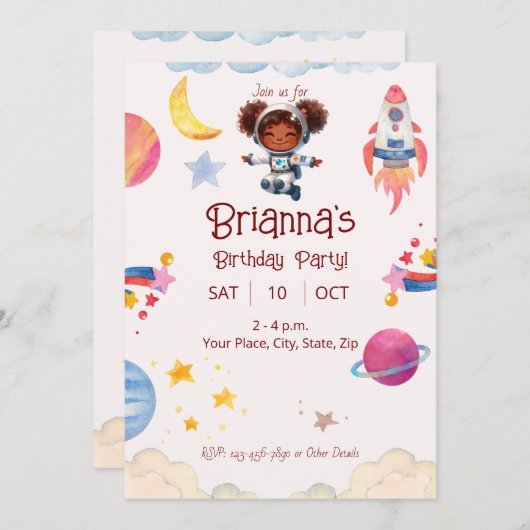 宇宙飛行士のアフリカ系アメリカ人の女の子 - 宇宙をテーマにしたカード 招待状 (正面/裏面)