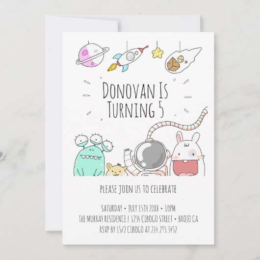 宇宙飛行士のイラストを使った誕生日カードの招待状 招待状 (正面)