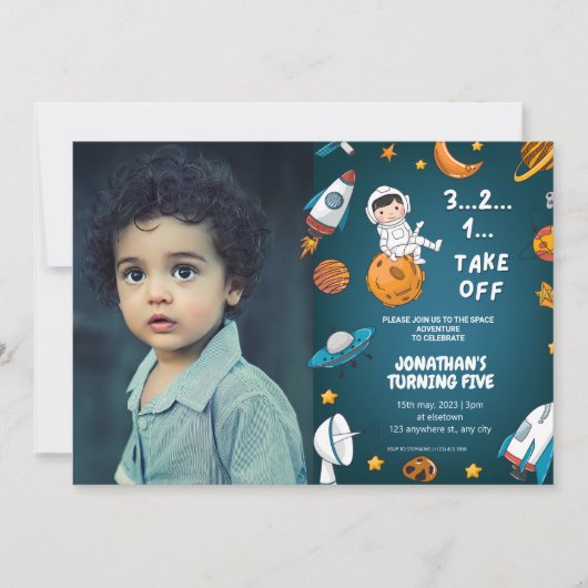 宇宙飛行士のカスタム写真スペース 青いテーマ 招待状 (正面)
