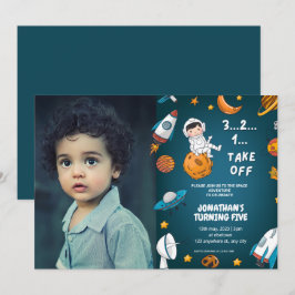 宇宙飛行士のカスタム写真スペース 青いテーマ 招待状