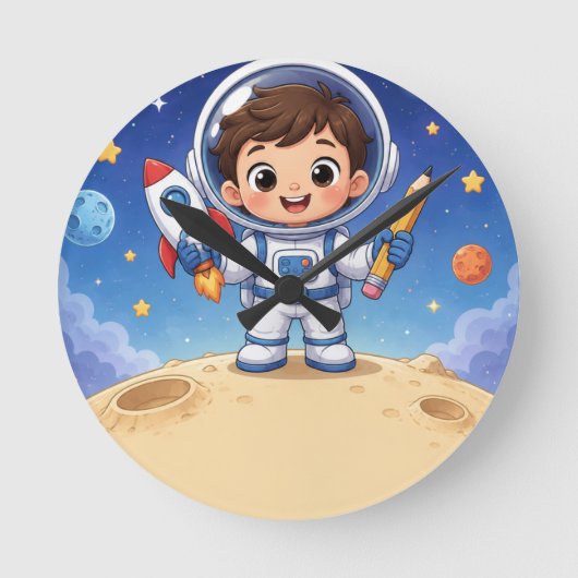 宇宙飛行士のキッズ、冒険の準備はできてる? ラウンド壁時計 (正面)
