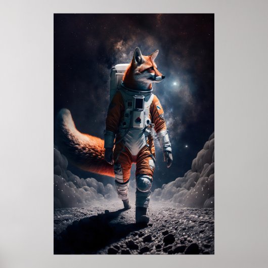 宇宙飛行士のキツネアートプリント 楽しい動物の宇宙服 ポスター (正面)