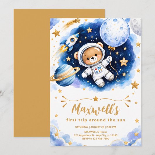 宇宙飛行士のスペース1歳の誕生日招待状 招待状 (正面/裏面)