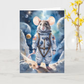 宇宙飛行士のスーツが姿を現すかわいいネズミ カード (黄色い花)