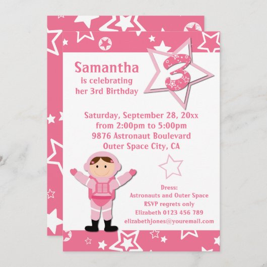 宇宙飛行士のピンクの星の第3誕生会 招待状 (正面/裏面)