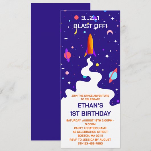 宇宙飛行士の外宇宙誕生日パーティー 招待状 (正面/裏面)