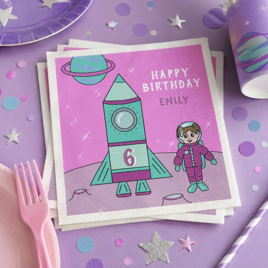 宇宙飛行士の女の子とロケットの月 誕生日 スタンダードカクテルナプキン