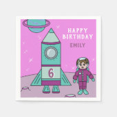 宇宙飛行士の女の子とロケットの月 誕生日 スタンダードカクテルナプキン (正面)
