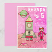 宇宙飛行士の女の子のロケット船 ピンクの誕生日パーティー 招待状 (正面/裏面)