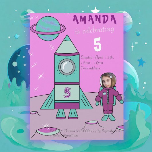 宇宙飛行士の女の子の誕生日パーティー あなたの顔を挿入してください 招待状
