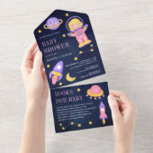 宇宙飛行士の女の子 ネイビーブルーのベビーシャワー オールインワン招待状 (貼ってはがせる)
