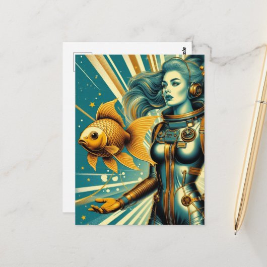 宇宙飛行士の女性と金魚 ポストカード (正面/裏面インサイチュ)