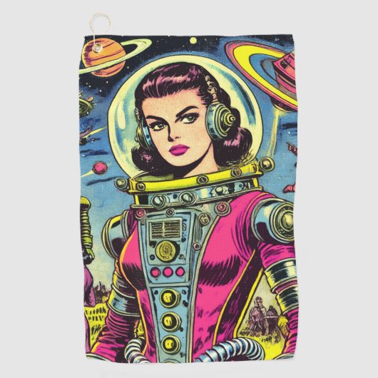 宇宙飛行士の女性ヴィンテージSci-Fi漫画 ゴルフタオル (正面)