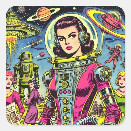 宇宙飛行士の女性ヴィンテージSci-Fi漫画 スクエアシール (正面)