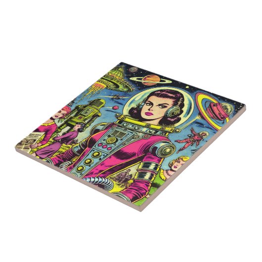 宇宙飛行士の女性ヴィンテージSci-Fi漫画 タイル (側面)