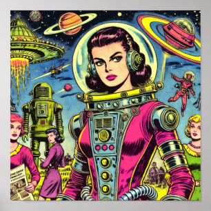 宇宙飛行士の女性ヴィンテージSci-Fi漫画 ポスター