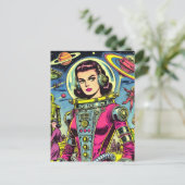 宇宙飛行士の女性ヴィンテージSci-Fi漫画 ポストカード (スタンド正面)