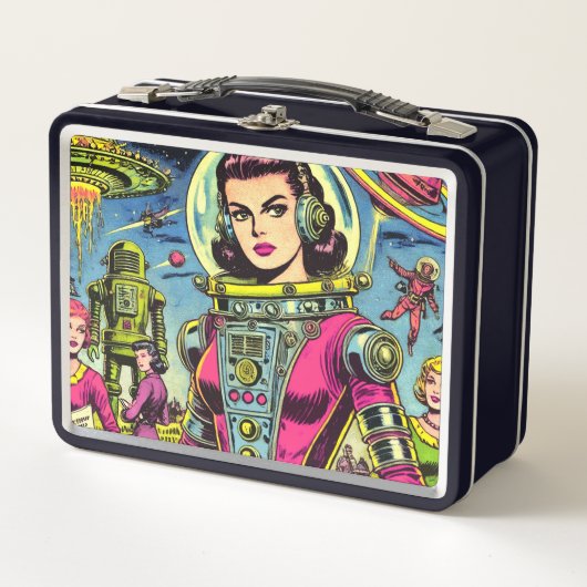 宇宙飛行士の女性ヴィンテージSci-Fi漫画 メタルランチボックス (正面)