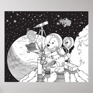 宇宙飛行士の子犬との着色宇宙 ポスター