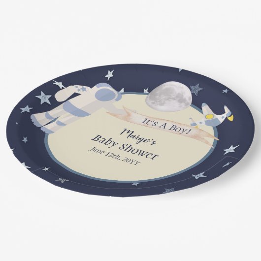 宇宙飛行士の宇宙それは男の子の赤ちゃんシャワーである ペーパープレート (アングル)