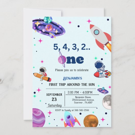 宇宙飛行士の宇宙の最初ののまわりに旅は太陽の誕生日 招待状 (正面)