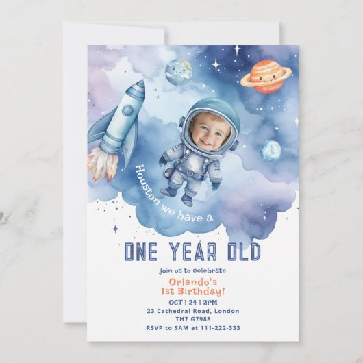宇宙飛行士の宇宙の男の子1歳の誕生日の写真 招待状 (正面)