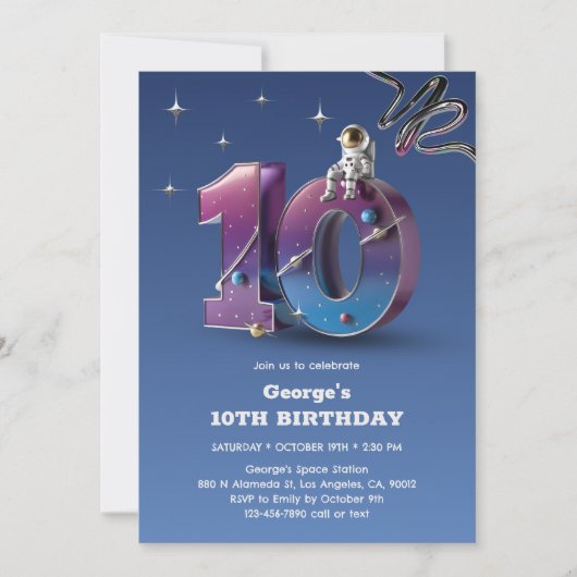 宇宙飛行士の宇宙をテーマにした少年10誕生日 招待状 (正面)