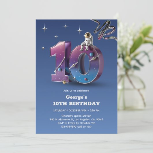 宇宙飛行士の宇宙をテーマにした少年10誕生日 招待状 (スタンド正面)