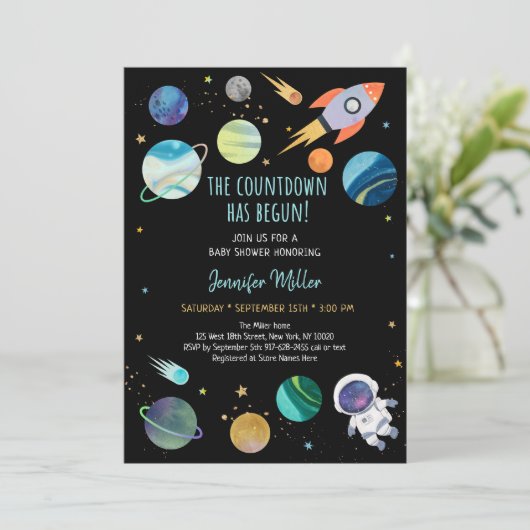 宇宙飛行士の宇宙カウントダウンが赤ちゃんのシャワーを始めた 招待状 (スタンド正面)