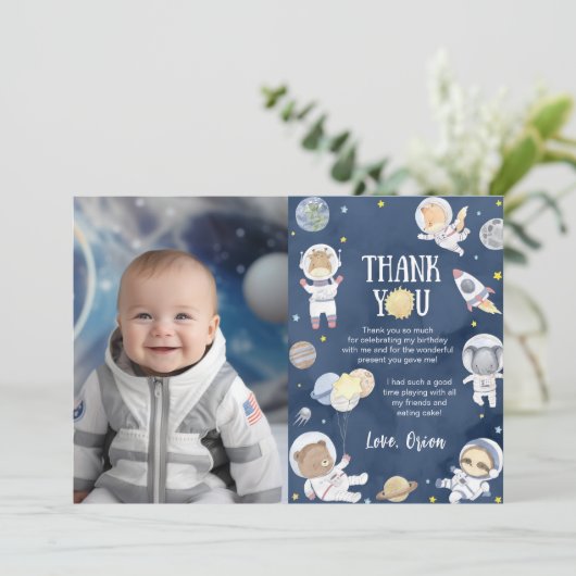 宇宙飛行士の宇宙サファリ誕生日写真 サンキューカード (スタンド正面)