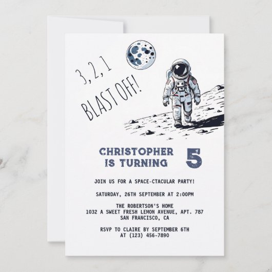 宇宙飛行士の宇宙ブラストオフ任意の年齢の誕生日パーティー 招待状 (正面)
