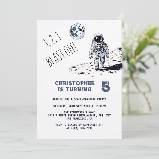 宇宙飛行士の宇宙ブラストオフ任意の年齢の誕生日パーティー 招待状 (スタンド正面)