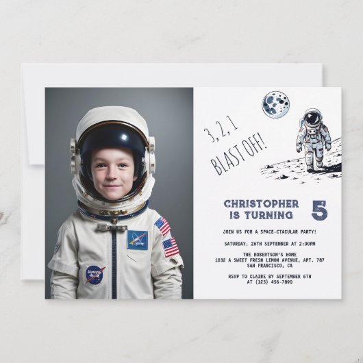 宇宙飛行士の宇宙ブラストオフ少年の誕生日写真 招待状 (正面)