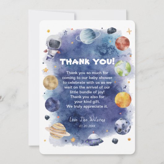 宇宙飛行士の宇宙ベビーシャワーサンキューカード 招待状 (正面)