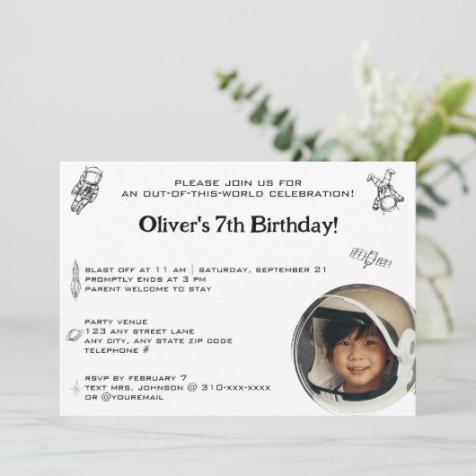 宇宙飛行士の宇宙ミニマリスト1写真誕生日 招待状 (スタンド正面)